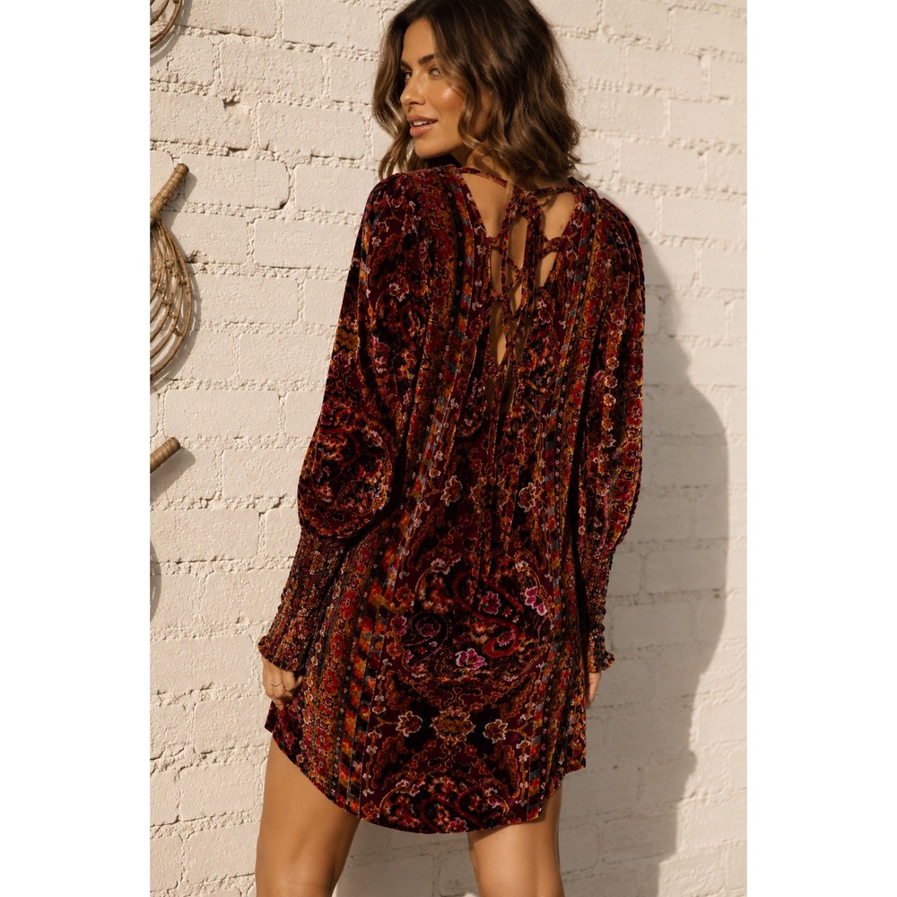 Anthropologie Red Burnout Velvet Paisley Lace Up Mini Dress Dark Academia 0 - Picture 3 of 13
